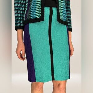 St. John Teal, Purple and Black Color Block Knitted Skirt